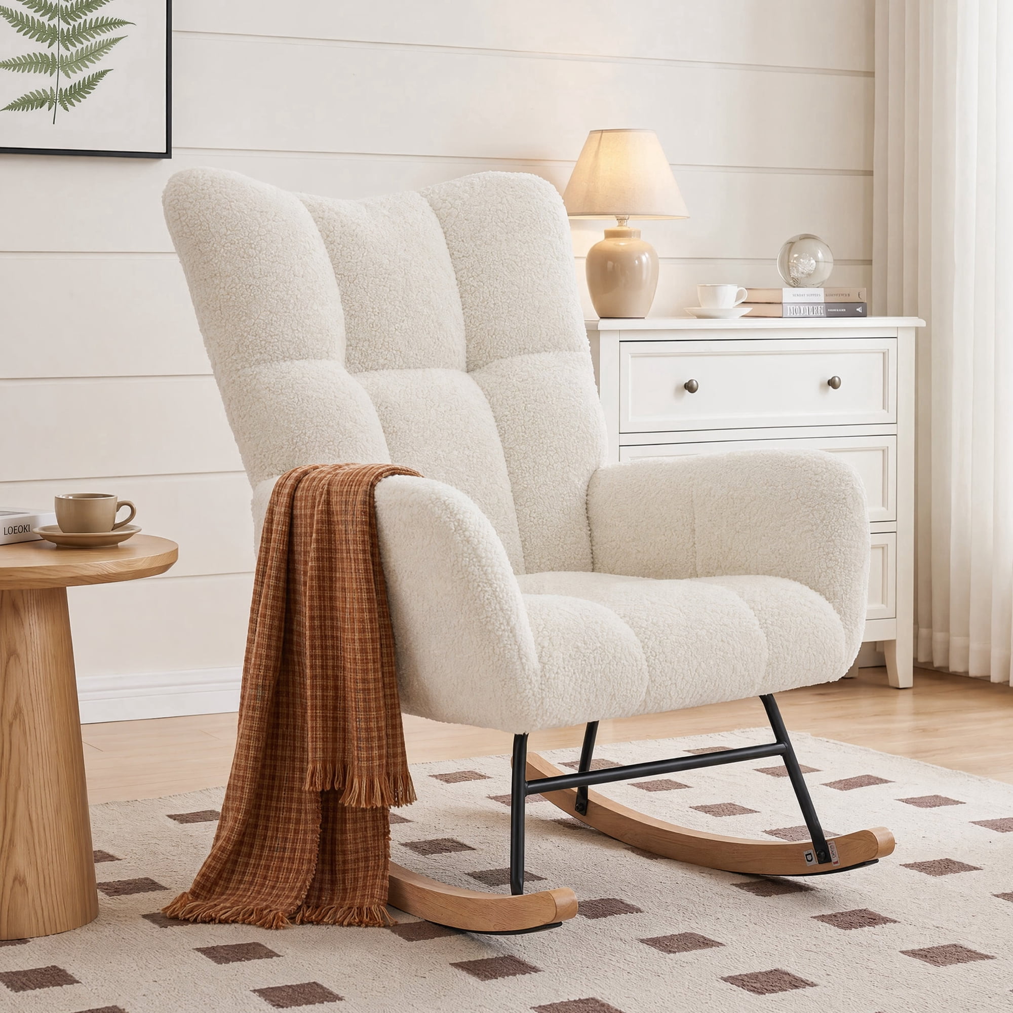 Teddy Fleece Rocking Chair, Upholstered High Back Glider Rocker Chair with Armrests, Comfy Nursery Rocking Chair for Baby Room Living Room Bedroom, Cream White