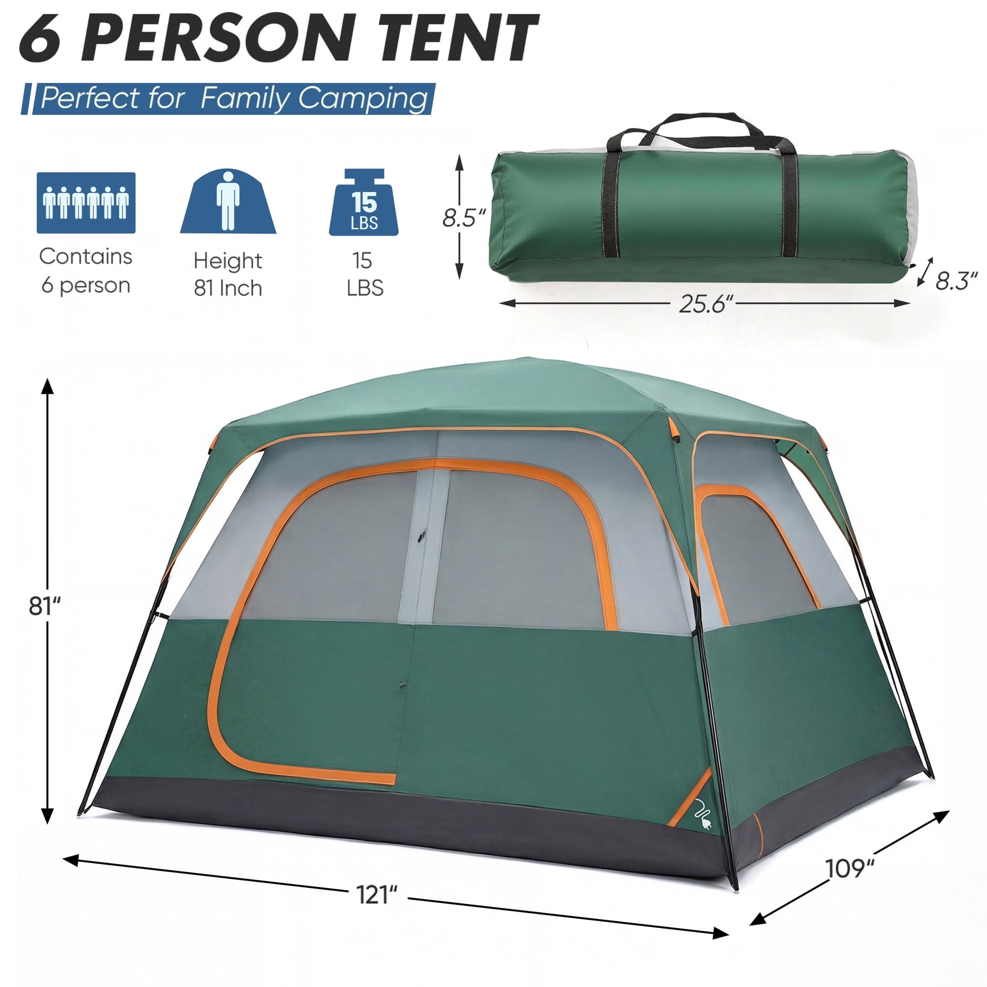 JIOABL 6 Person Camping Tent with Rainfly, Waterproof Polyester, Easy Setup, Portable with Carry Bag, Stakes & Ropes for Outdoor Camping, Green