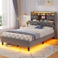 thumbnail image 3 of Twin Size Platform Bed Frame with LED Light and Charging Station,Velvet Upholstered Headboard with Hidden Storage,with 2 Drawers & Storage Shelves,Grey, 3 of 9