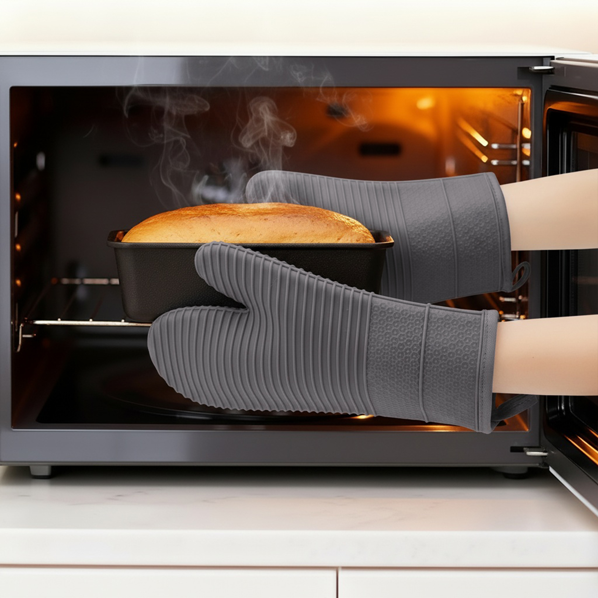 Unique Bargains Soft Oven Mitts Heat Resistant Cooking Gloves Gray 12.4x7.5inch