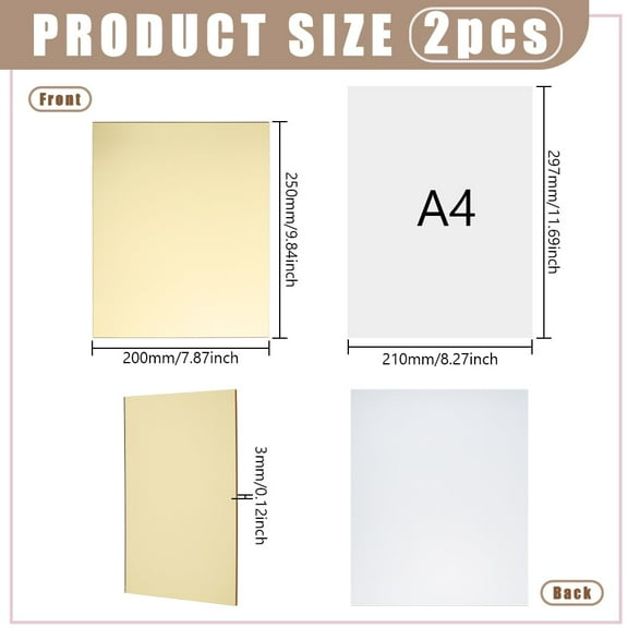 2 Pcs 9.8x7.9 Inch Gold Mirror Acrylic Sheets 3mm(1/8inch) Thick Non Glass Safety Reflective Acrylic Mirror Sheet for Laser Cutting DIY Crafts and Home Decorations