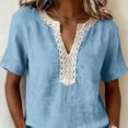 thumbnail image 5 of ClodeEU Women's Linen Blend V Neck Short Sleeve Top with Lace Trim ,Solid Color Casual Blouse Blue,Womens Plus XXXL, 5 of 7
