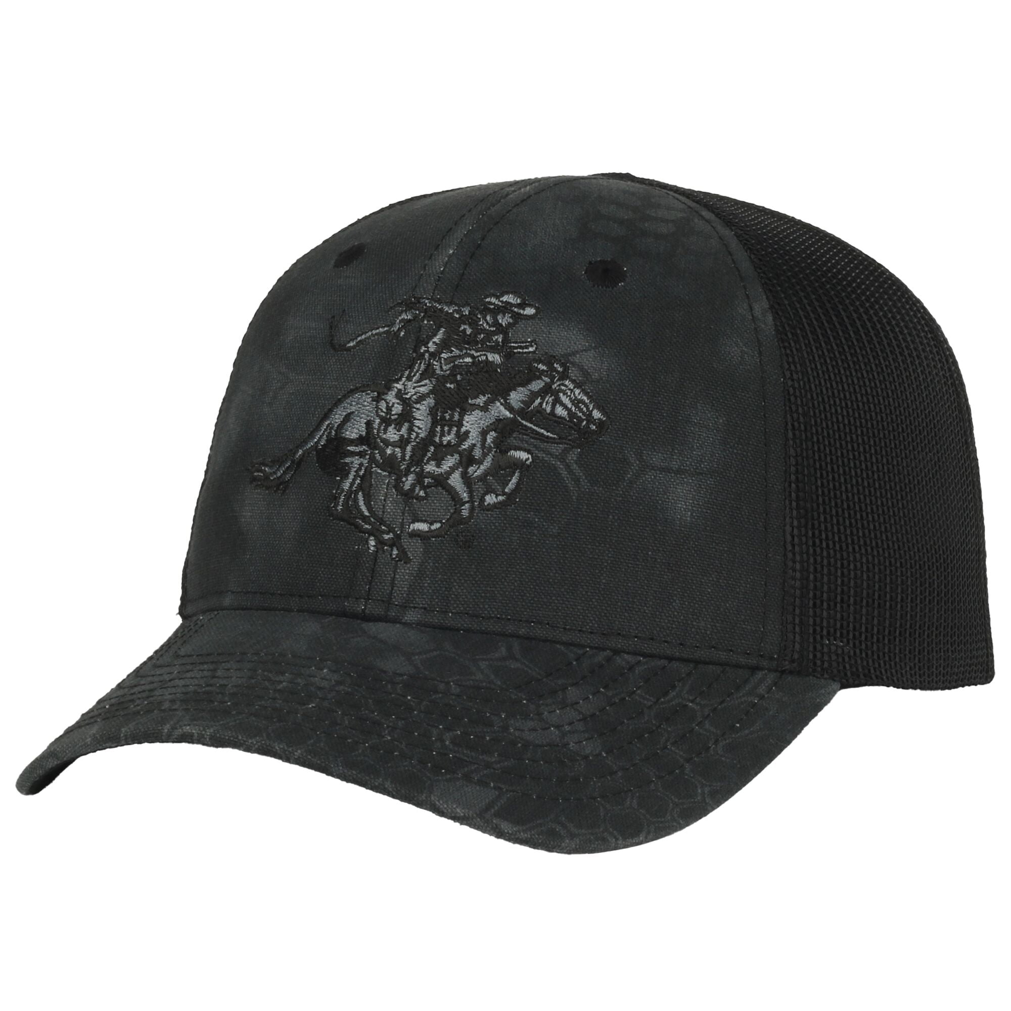 Adult Men's Winchester Kryptek Camo Hat: 6 panel Kryptek ® Typhon Camo, structured front panels, meshback panels, low profile crown, slightly pre-curve visor, adjustable single row snap closure cap.