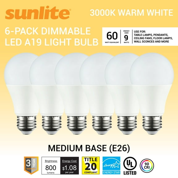 Sunlite LED A19 Standard Household Light Bulb, 9 Watts (60W Equivalent), Medium E26 Base, Dimmable,UL Listed, 3000K Warm White, 6-Pack