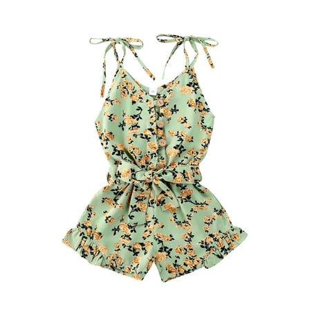 

IZhansean Toddler Baby Girls Summer Jumpsuit Spaghetti Tie Strap Button Floral Sleeveless Romper Shorts Outfits Green 4-5 Years