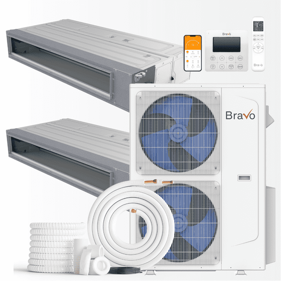 BRAVO 42,000 BTU Dual Zone 24000   24000 BTU Concealed Duct Mini Split A/C and Heater with 16ft Installation Kits
