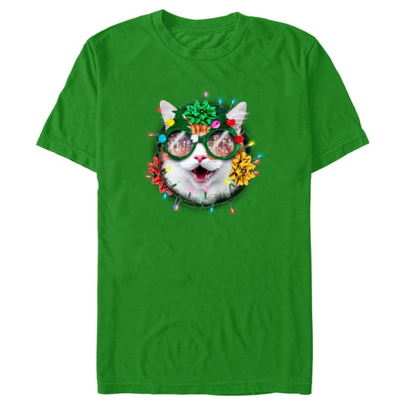 Men's Lost Gods Christmas Cat Wreath Graphic Tee Kelly Green 2X Large
