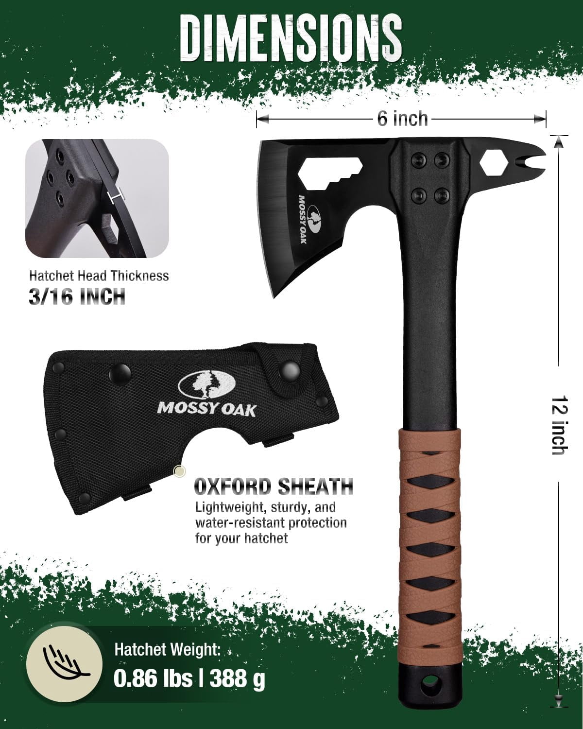 12" Camping Axe and Survival Hatchet with Sheath, Com Outdoor Multitool Hex Wrench Slots, Non-Slip Dual-Color Handle, Small Gear for Hiking, Chopping, Hunting