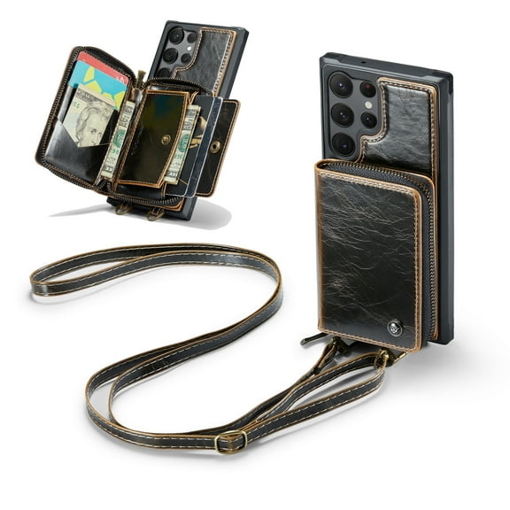 Dteck Wallet for Samsung Galaxy S23 Ultra Case, RFID Blocking Credit Card Slots Zipper Pocket PU Leather Protective Phone Case with Shoulder Lanyard Wristlet Strap for Samsung S23 Ultra 6.8 InchCoffee