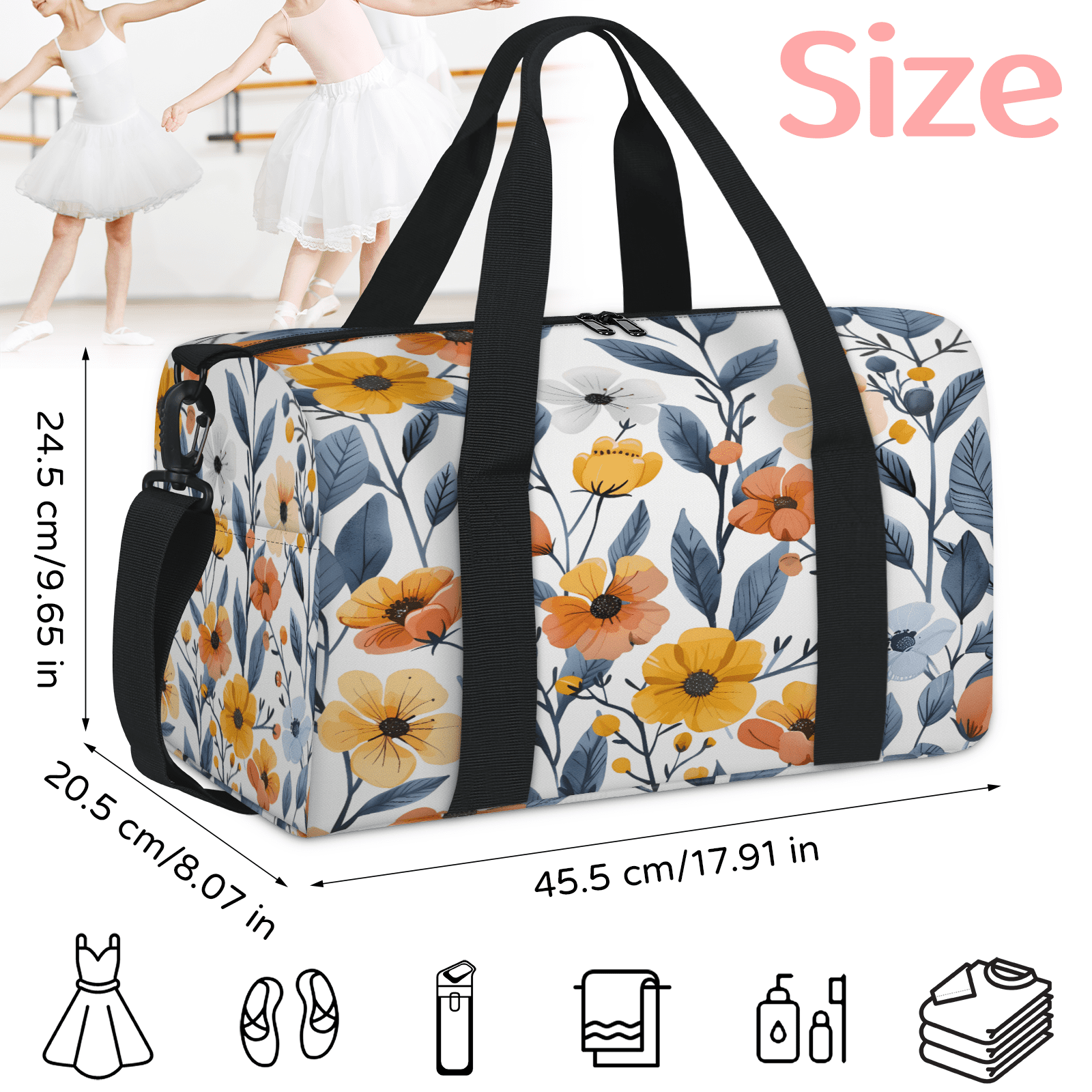 Herdesigns Flower Print Gym Bag for Women, Duffle Bag for Travel Sport, Lightweight Waterproof Carry on Weekender Overnight Dance Yoga Workout Bags