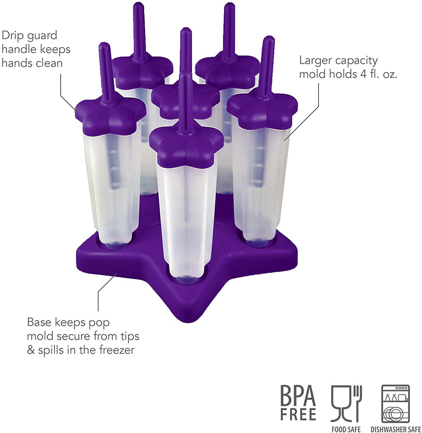 Mess-Free Frozen Treats 4 Ounce Set of 6 Ice Pop Molds Popsicle Makers with Reusable Sticks Drip-Guard Handle Tovolo Star Purple 