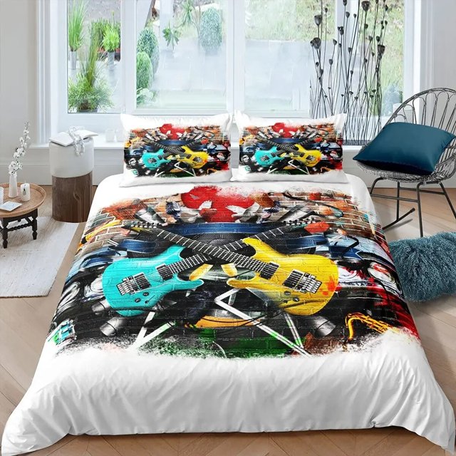 Housse de Couette Rock Musique Très Grand Ensemble de Literie Jazz Musique pour Adolescents Housse de Couette Graffiti Hip Hop Notes de Musique Polyester