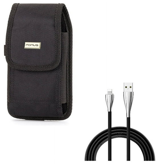 6ft USB Cable w Case Belt Clip for iPhone XS - Charger Cord Power Wire Long Sync, Rugged Holster Canvas Cover Pouch for iPhone XS