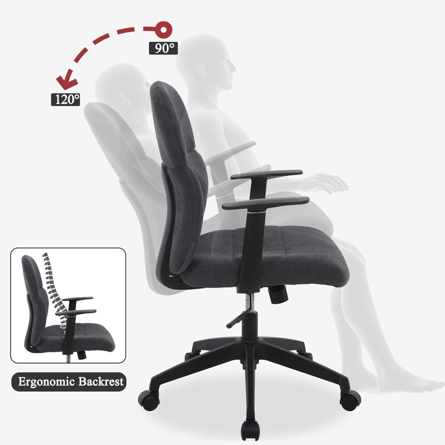 Dayalane Modern Adjustable Office Chair, Swivel Fabric Ergonomic Task Chair with Armrests, 90-120° Tilt Function and Wide Cushion Desk Chair for Home/Bedroom/Study/Office/Conference Room, Grey
