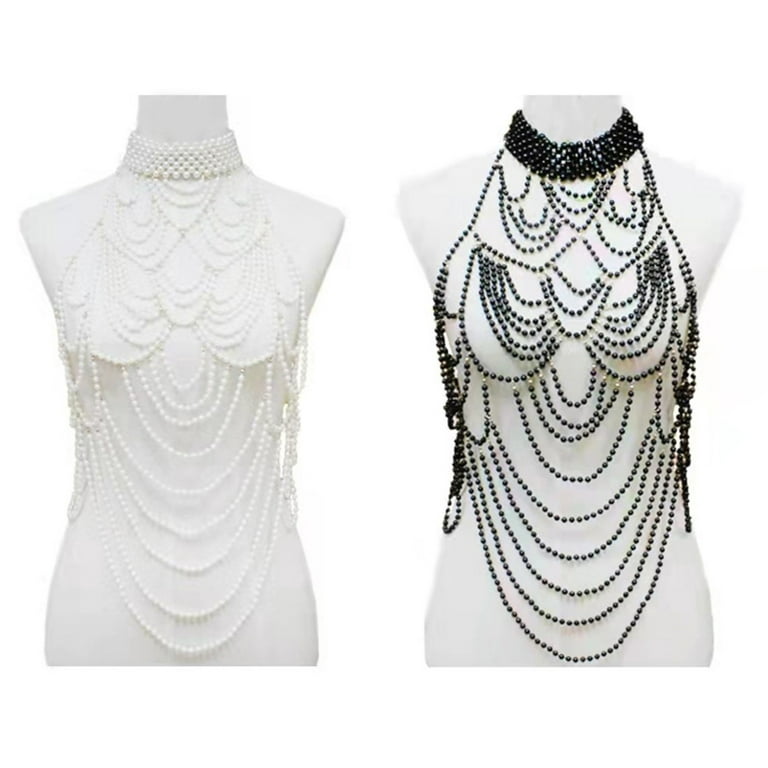 YUUZONE Womens Mutlilayered Pearl Body Chain Choker Necklace Harness  Adjustable Bikini Body Jewelry Bib for Party Wedding