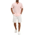 thumbnail image 2 of Men's Henley Shirt Solid Color Stand Collar Short Sleeve Linen Shirt 2XL Pink, 2 of 5