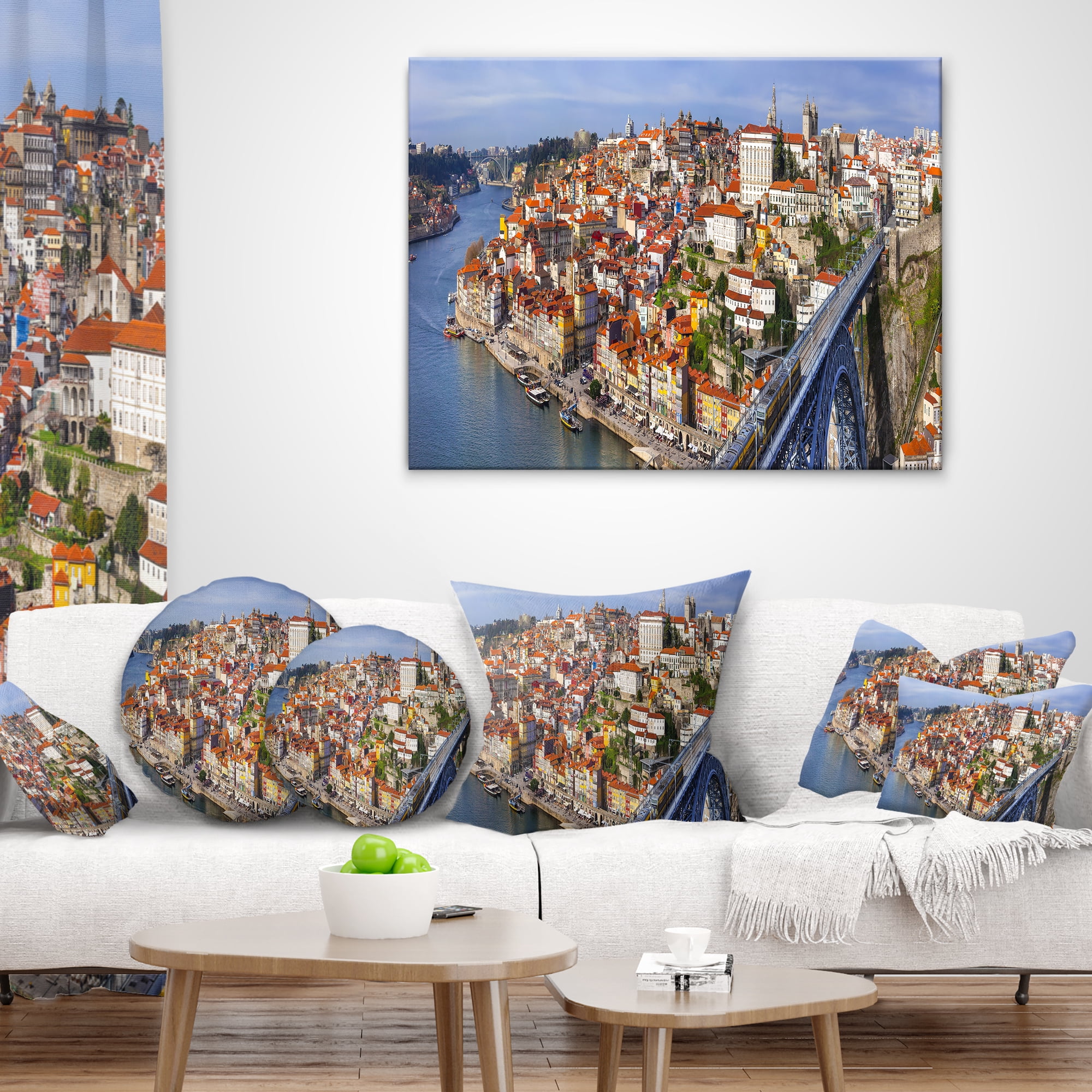 Designart Porto City Panoramic View - Cityscape Photo Throw Pillow - 12x20