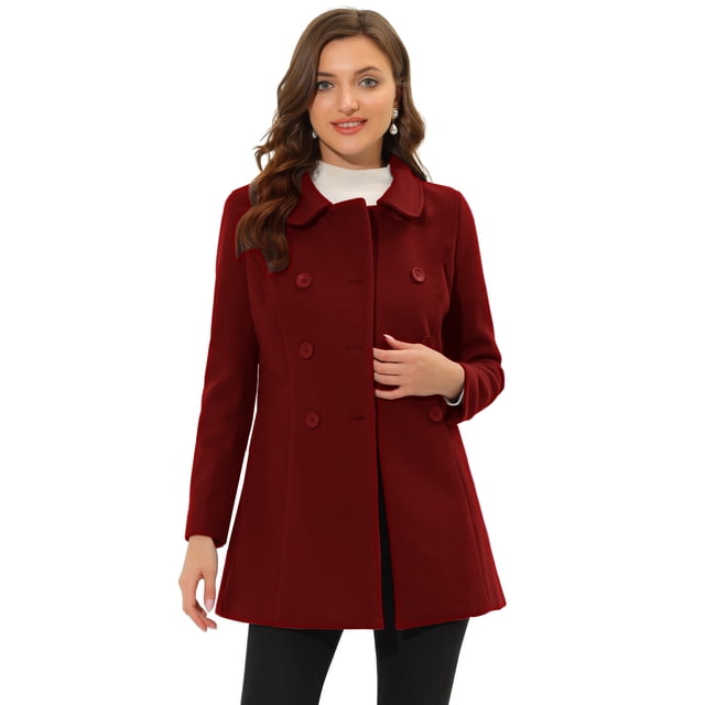 Abrigo Largo De Invierno Con Cuello Peter Pan Y Doble Botonadura Para Mujer Borgoña XL