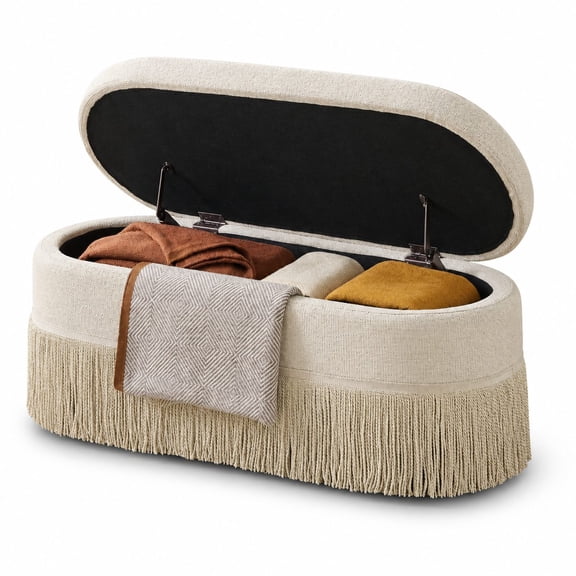 39.4 Inch Boho Storage Ottoman Bench with Tassels, Upholstered Oval Linen Lift-Top Foot Rest for Bedroom Entryway, Safety Hinge, Beige