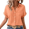 thumbnail image 2 of Tittly Womens Linen Shirt Women'S Gauze Tops Linen Button Up Shirts for Women Womens Blouses Tops Batwing Sleeve Pocket Patched Shirt Work T Shirts Double Layer Wrinkled Fabric Orange, 2 of 6