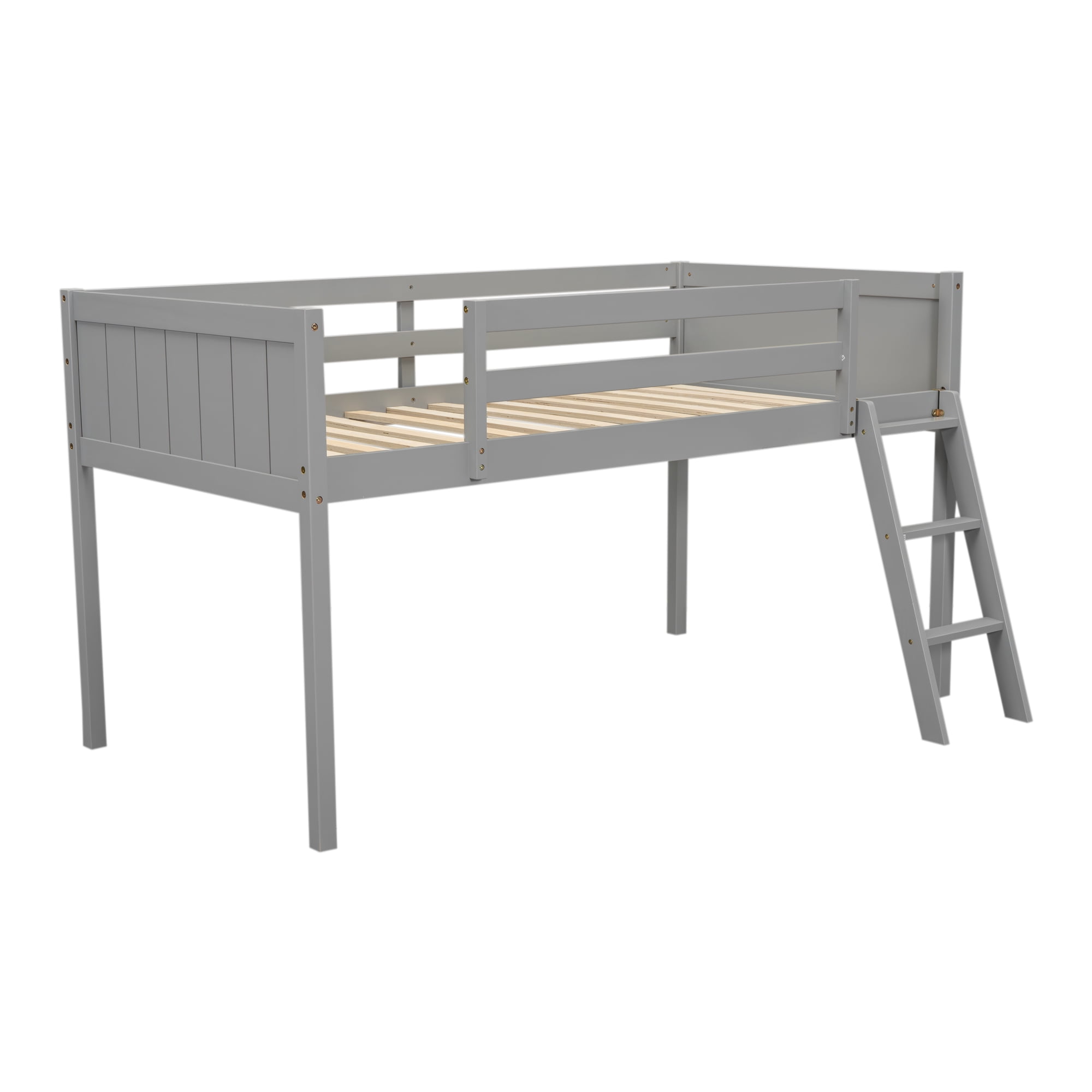 Euroco Wood Loft Bed with Ladder, Twin Size Low Loft Bed for Kids Teens, Gray