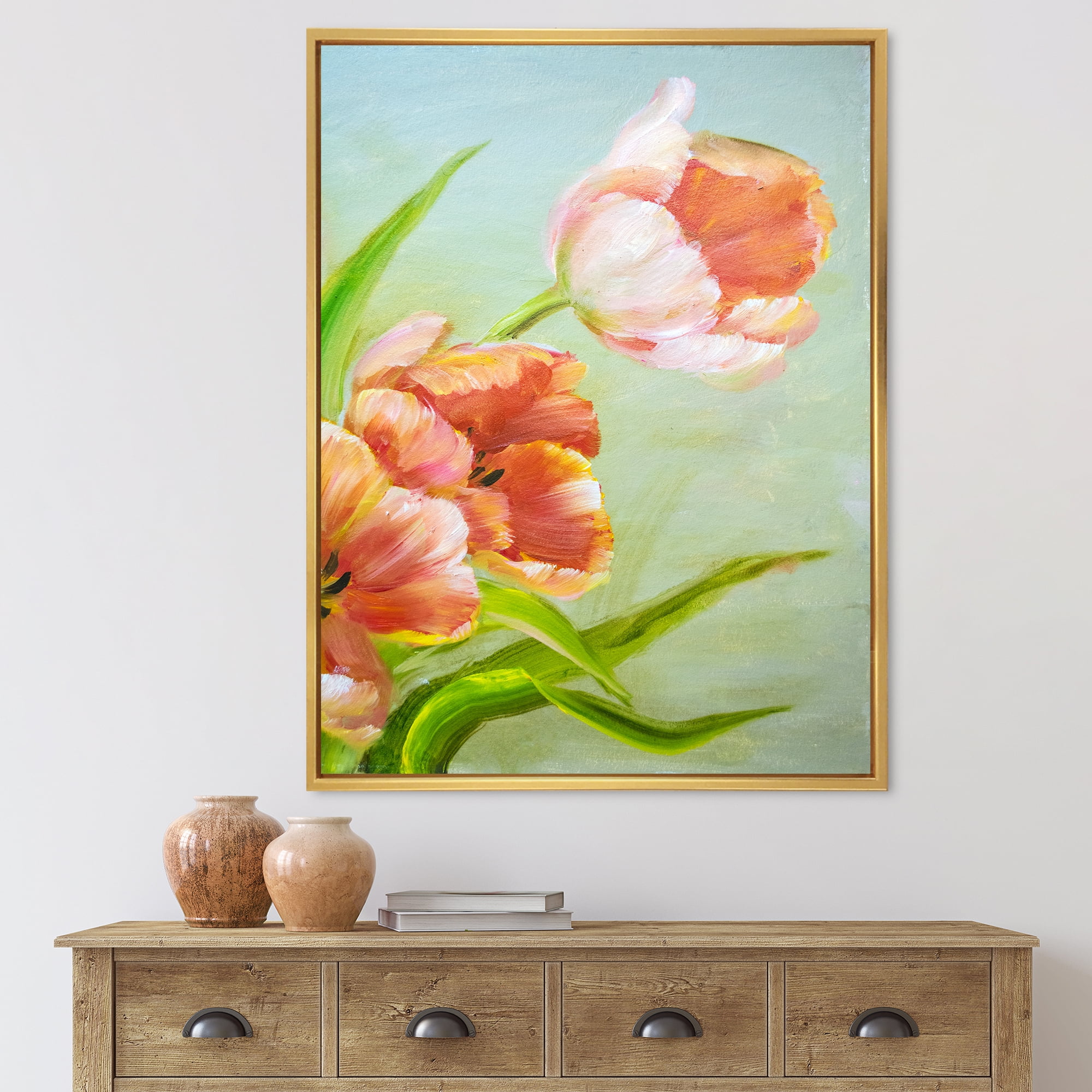 Designart 'Ancient Red Tulips Flowers I' Traditional Framed Canvas Wall Art Print