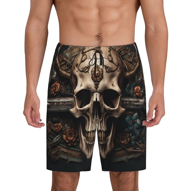 Fotbe Metal Style Horned Skull Pantalones Cortos de Pijama para Hombre, Ropa de Dormir, Pantalones de Pijama Cortos para Hombre-XX-Large