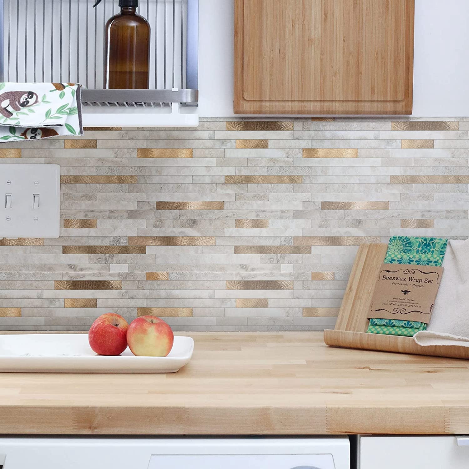 Peel And Stick Marble Tiles  Self-adhesive Aluminum Wall Tile On Bathroom Fireplace Rv Beige With Vintage Golden Embellished Stripes 10-sheet