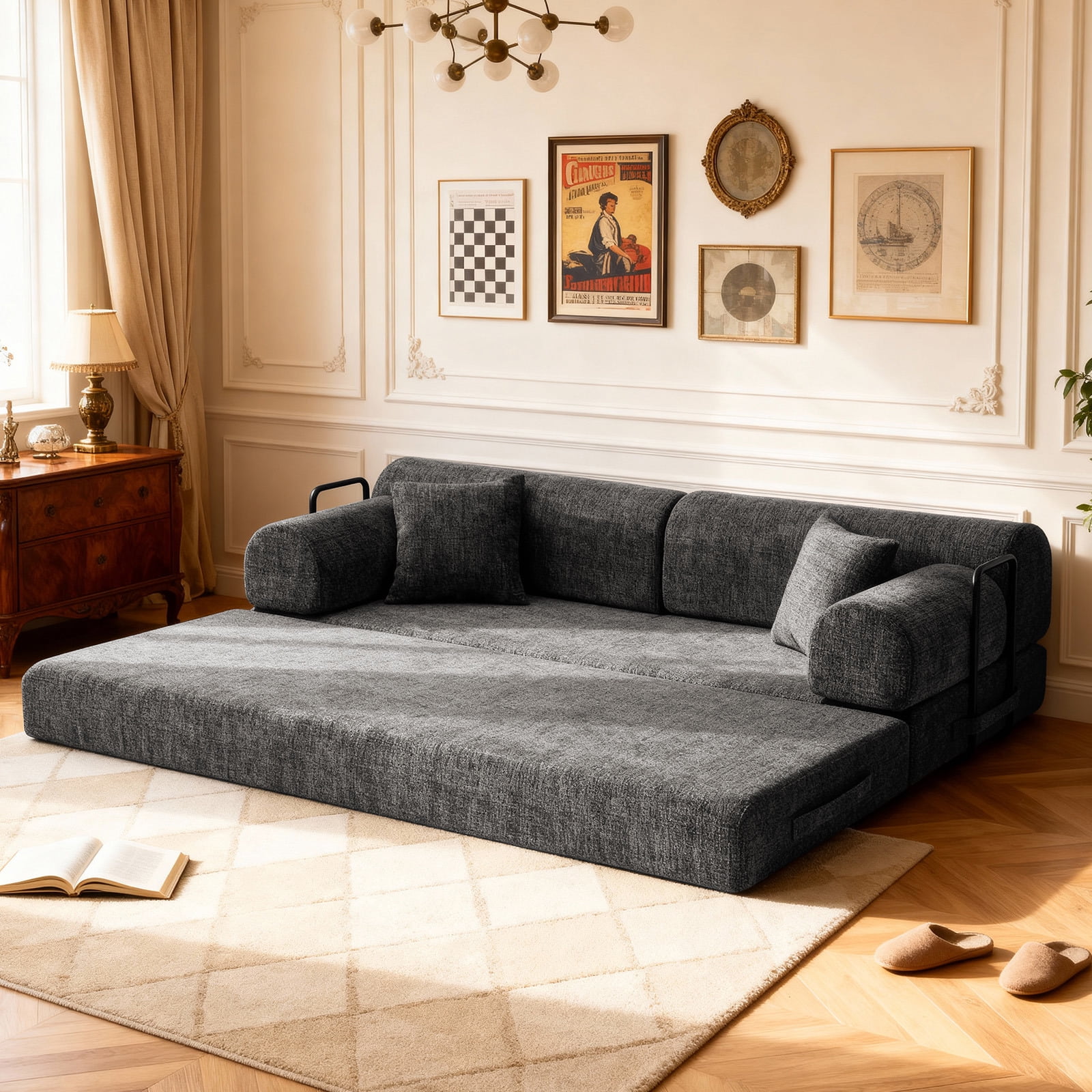 Hommoo Convertible Sleeper Sofa Bed, Two-Tone Blended Fabric Floor Sofa Folding Mattress Lounge Couch with Fixed-Shape Frame, Speckled Black