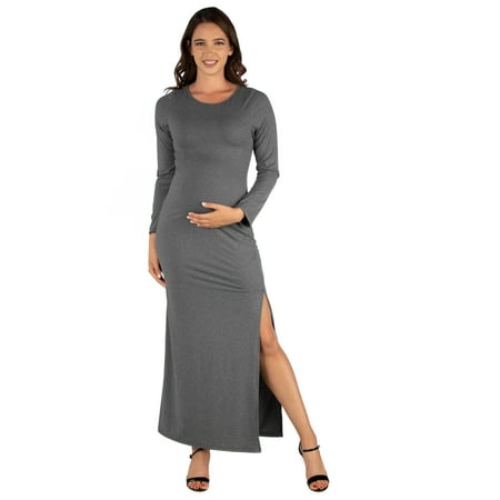 

24seven Comfort Apparel Long Sleeve Side Slit Fitted Black Maternity Maxi Dress