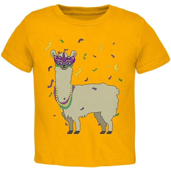 Mardi Gras Llama Beads Mask Toddler T Shirt Gold 3T