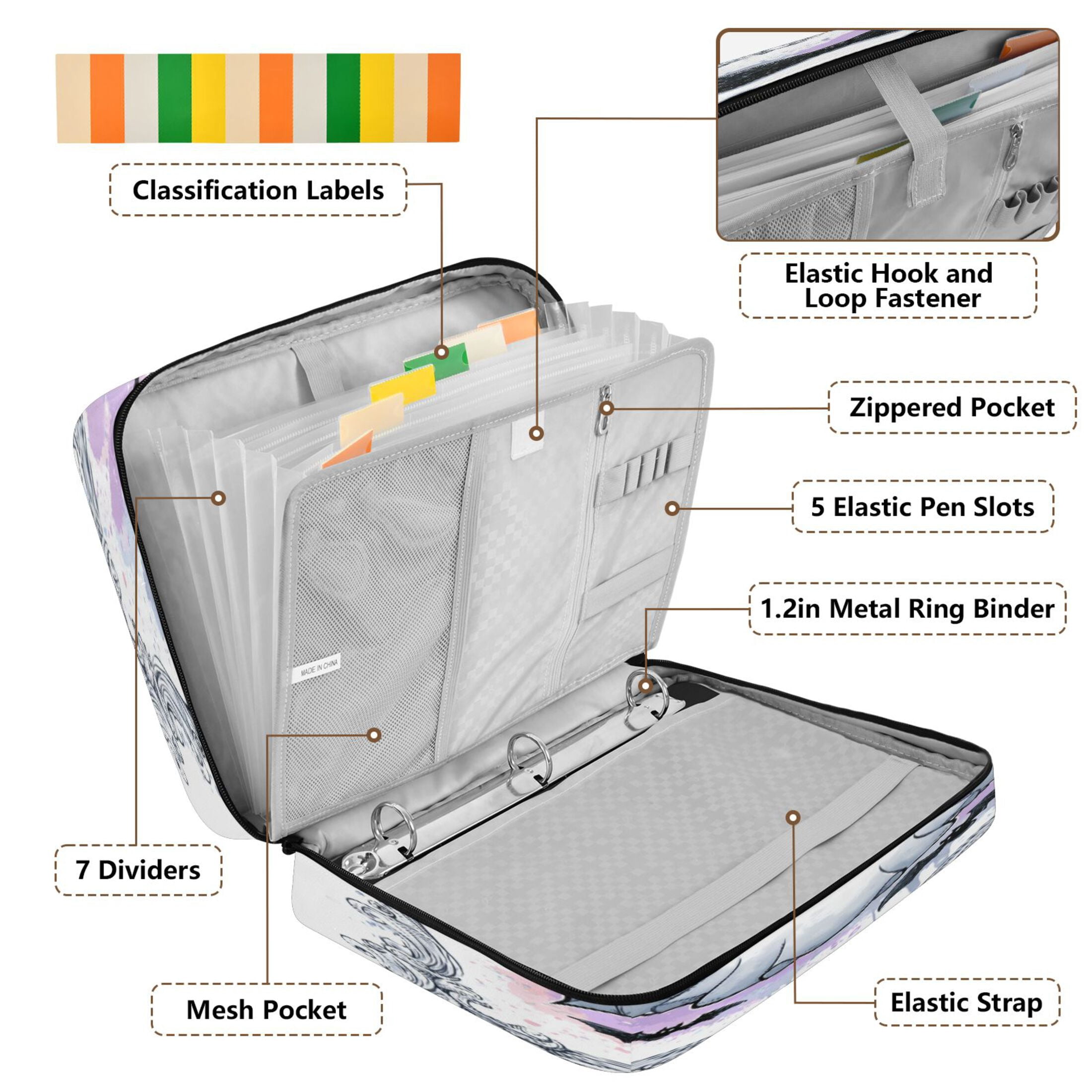 3 Ring Zipper Binder with Accordion File Organizer Waterproof Back to College Binder - 7 Layer Document Organizer for Study Home Office College Travel Supplies Cute Black Bow Ghost