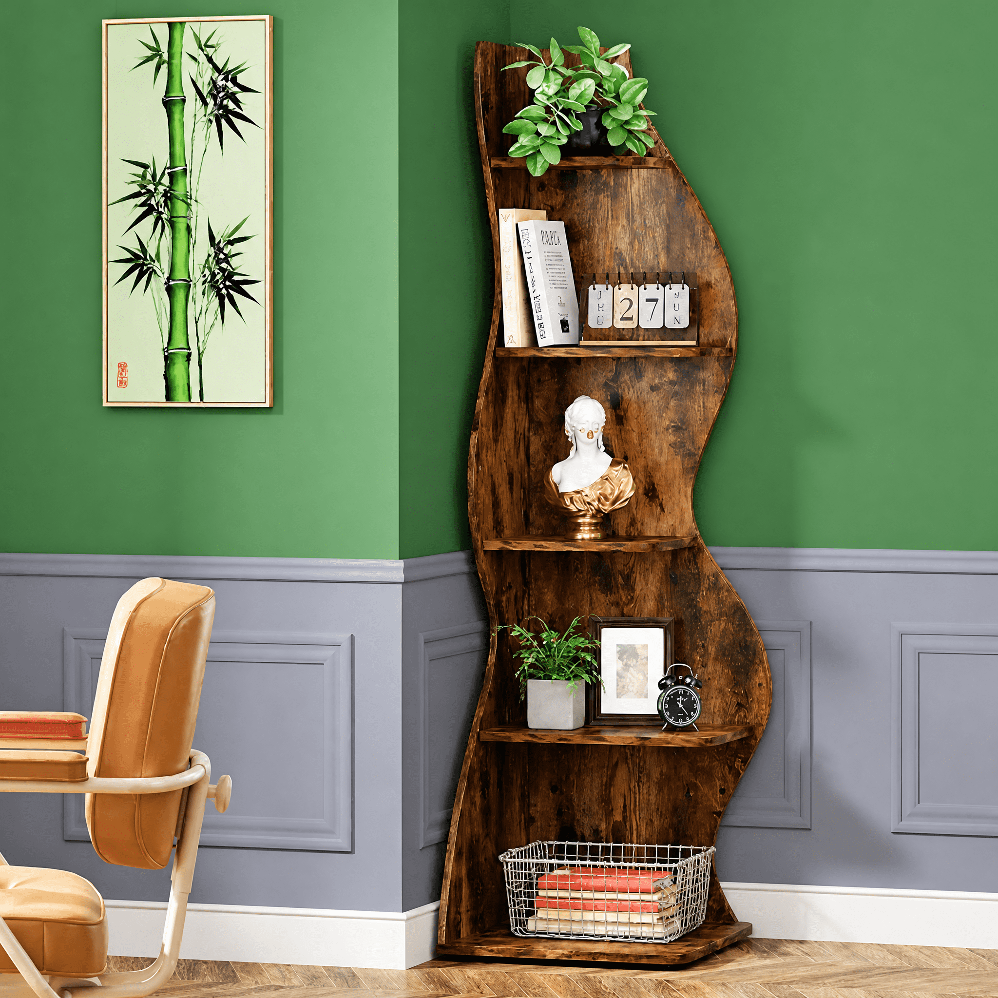5-Tier Vintage Shelving Unit Brown with Sea Grass Design, Adjustable Shelves, High-Quality Board, for Home/Office Organization
