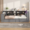 thumbnail image 2 of Full Size Bed Frame with Storage Shelves and 2 Drawers, LED Lights Bed Frame with Desk Upholster and Charging Station for Bedroom, Apartment, Mattress not included, Grey+ Grey Cushion, 2 of 11