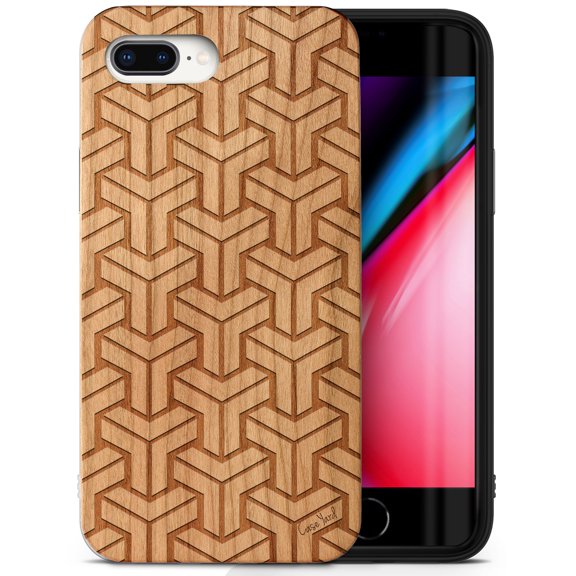 Case Yard Wooden Case Outside Soft TPU Silicone, Slim Fit Shockproof Wood Protective Phone Cover for Girls Boys Men and Women, Supports Wireless Charging T pattern Design case for iPhone-8-Plus