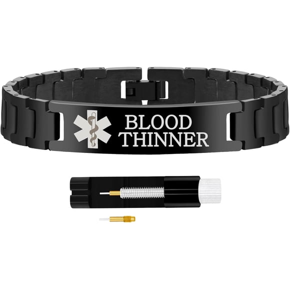 Uloveido Blood Thinner Engraved Medical ID Bracelet for Men | Black Titanium Steel Emergency Alert Wristband | Waterproof Personalized Medic Identification Bracelet for Dad | Link Remover Y5310