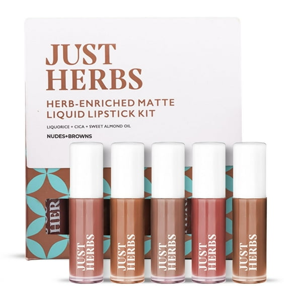 Just Herbs Organic Liquid Lipstick Kit Set of 5, Hydrating & Lightweight Lip Colour - Paraben & Silicon Free - 1.6 fl oz. (Nudes & Browns)