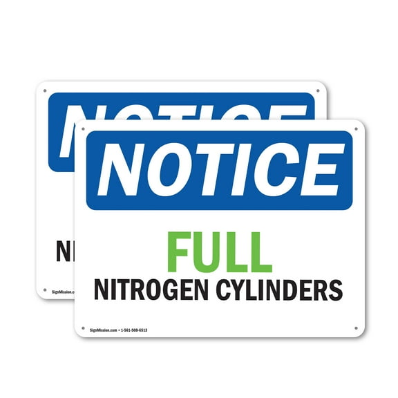(2 Pack) Full Nitrogen Cylinders OSHA Notice Sign 10 Inch X 7 Inch Indoor / Outdoor Rust-Free Aluminum Metal Signs for Workplace, Workshop, and Construction Site, Made in the USA