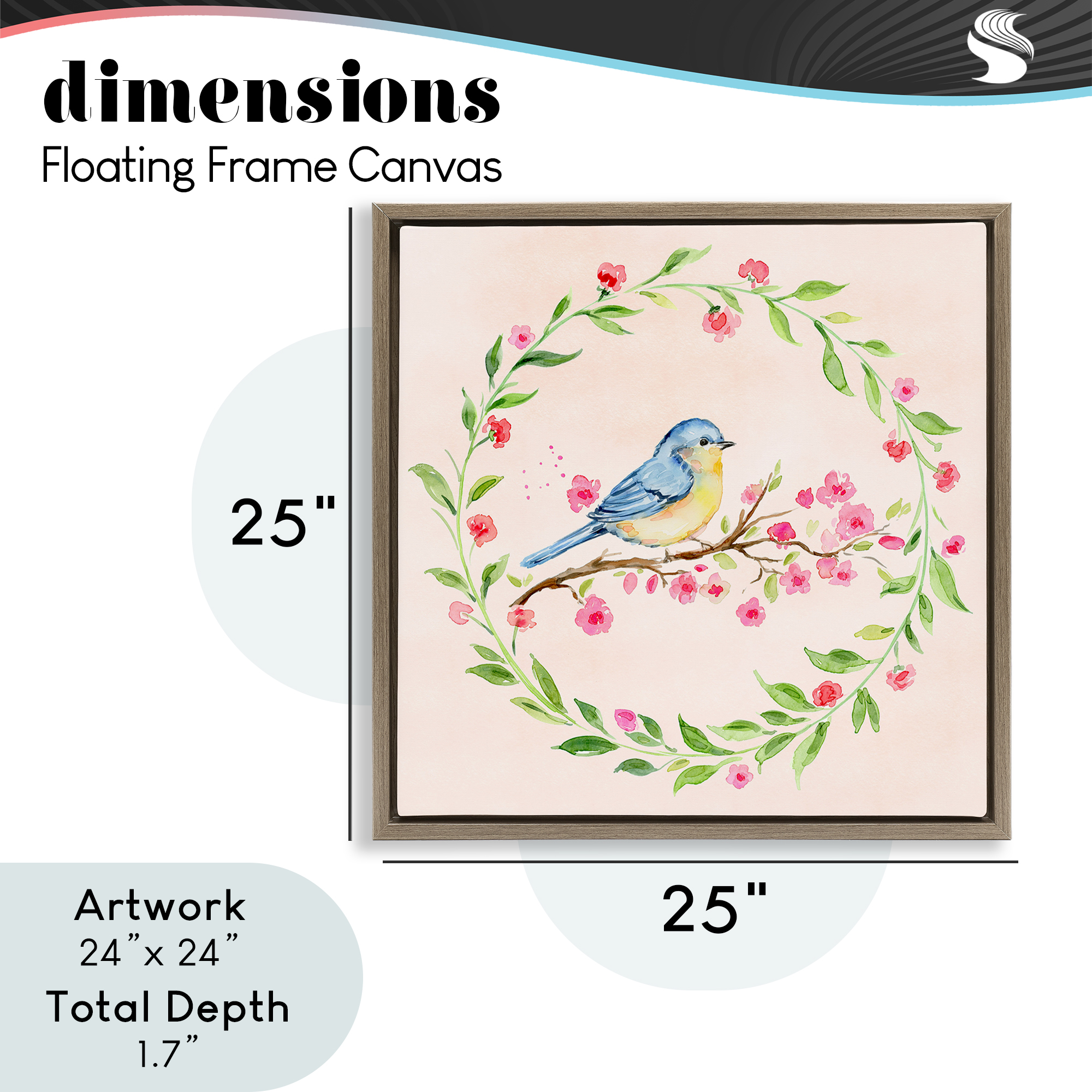 Spring Bird Wreath Perch Brown Framed Floater Canvas Wall Art, design by Elena Fay