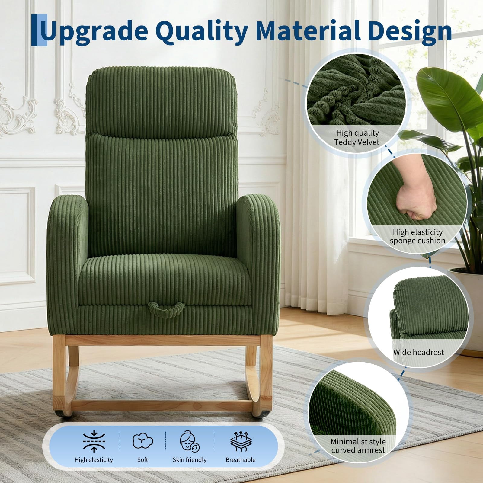 Kicctian Teddy Upholstered Rocking Chair with Extendable Footrest, Wooden Leg Rocking Armchair with Storage Side Pocket, Nursery Accent Seating for Living Room, Bedroom,Green