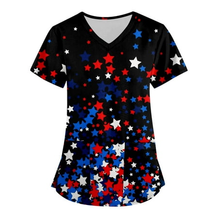 

Sksloeg Nurse Shirts For Women Short Sleeve Tops Working Uniform July 4th Independence Day Star Stripes Printed Scrub_Tops Patrioti Tees Pocket Blouse Royal Blue XXL