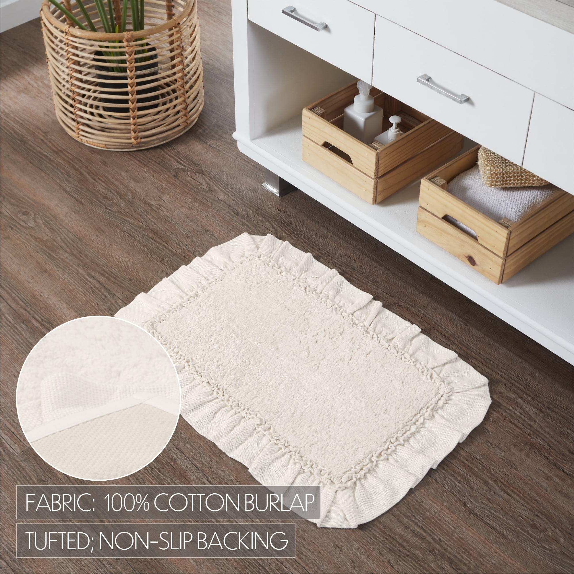 VHC Brands Burlap Ruffled Bath Mat, Antique White, 20x30