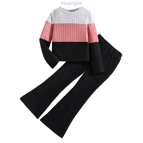 Huanglei Girls Two Piece Outfit Long Sleeve Ribbed Top With Flared Pants Casual Knit Loungewear For Girls Fall Winter Wear Crew Neck Top and Pants Set,Size 7-8 Years /Little Kid/Black