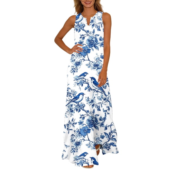 Enjoytime Plus Size Sun Dresses For Women Sleeveless Long Dresses A-Line Flowy Swing Retro Floral Print Womens Maxi Dresses