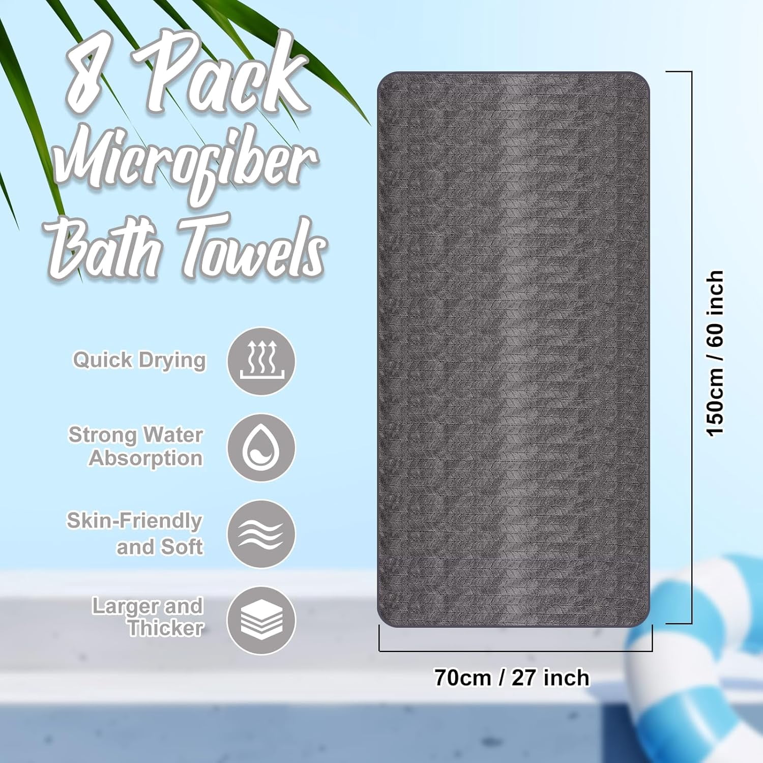 8 Pack Microfiber Bath Towels Bulk 27'' x 60'' Oversized Bath Towel Highly Absorbent Extra Large Shower Sheets Soft Drying for Beach Pool Bathroom Salon Party (Grey)