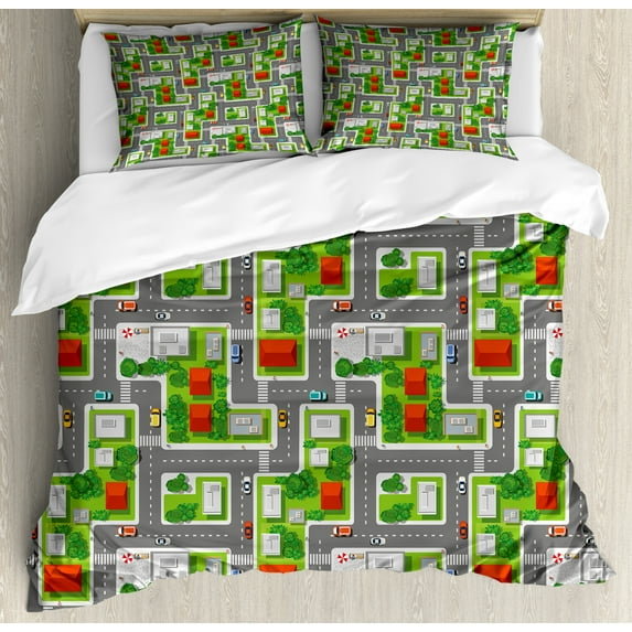 City Duvet Cover Set Queen Size, Birds Eye View Map of the Abstract Town Streets Roads Houses and Cars Cartoon Print, Decorative 3 Piece Bedding Set with 2 Pillow Shams, Multicolor, by Ambesonne