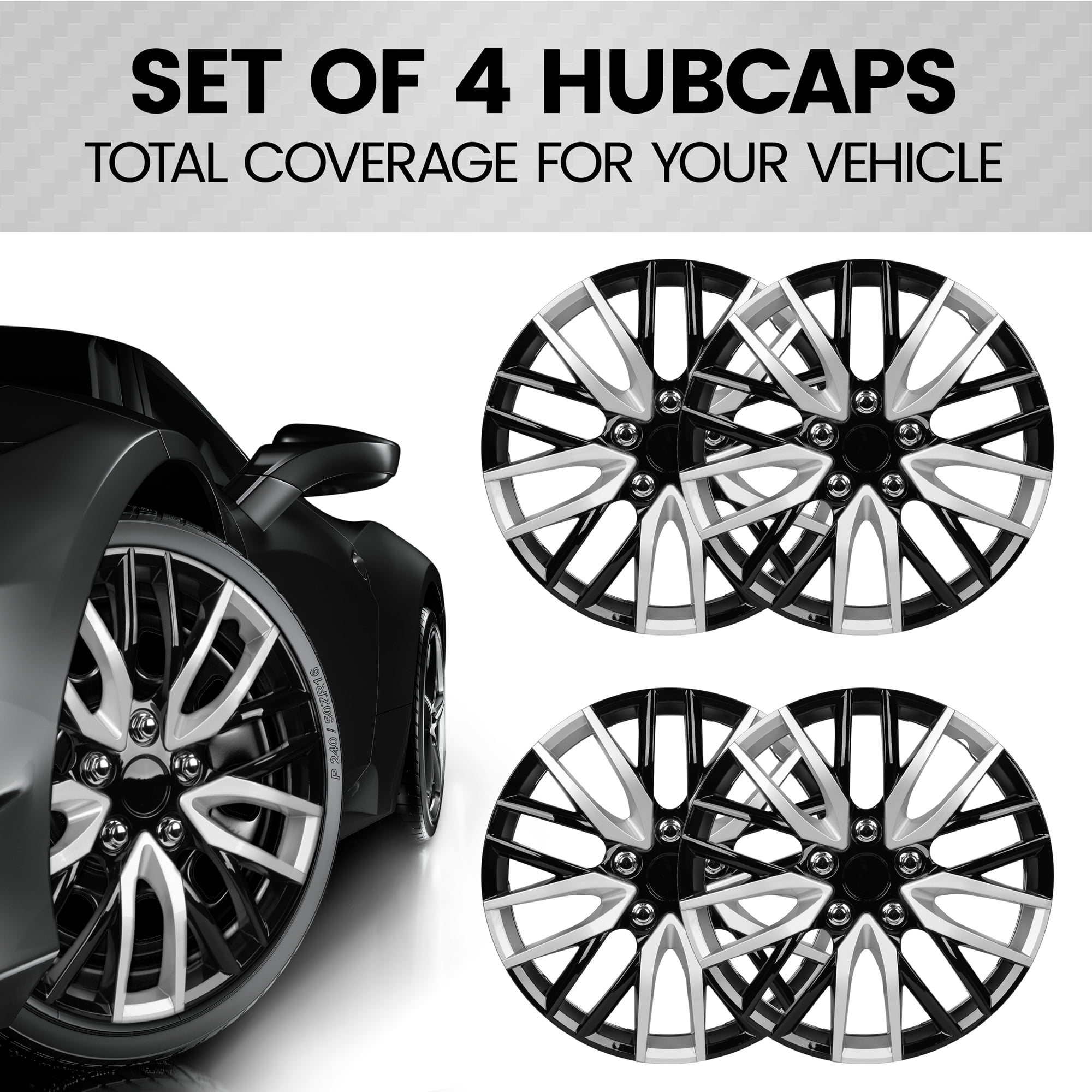 BDK (4-Pack) Premium Black/Silver Hubcaps 16" Wheel Rim Cover Hub Caps Two-Tone Style Replacement Snap On Car Truck SUV - 16 Inch Set