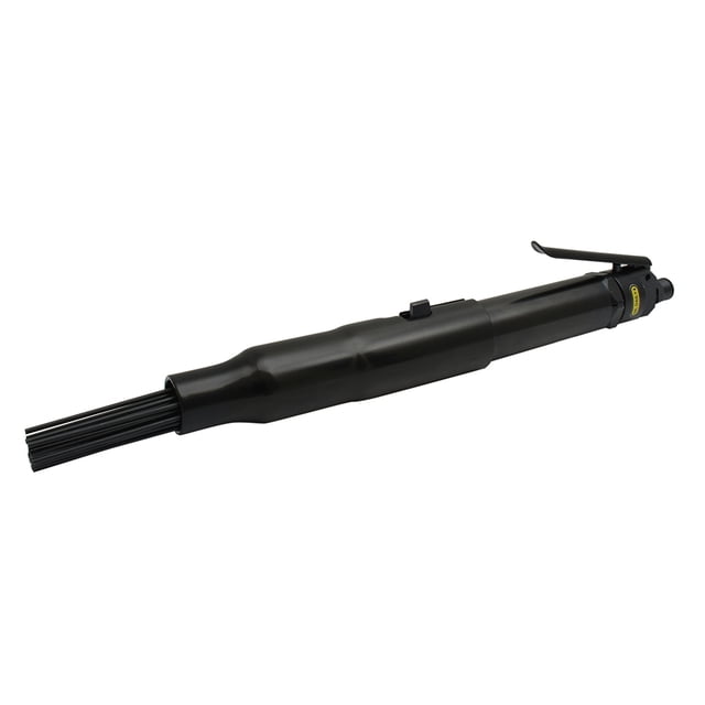 escareador neumático urrea 15' 4600 gpm uso pesado up125 Escareador neumático Urrea 15" con cuerpo negro alargado, boquilla frontal con 19 agujas de 7" visibles, palanca de operación en la parte posterior y conector para manguera; especificado para raspado 3"–3.5" y 4 scfm, para taller y mantenimiento automotriz, también adecuado para limpieza localizada de piezas metálicas.