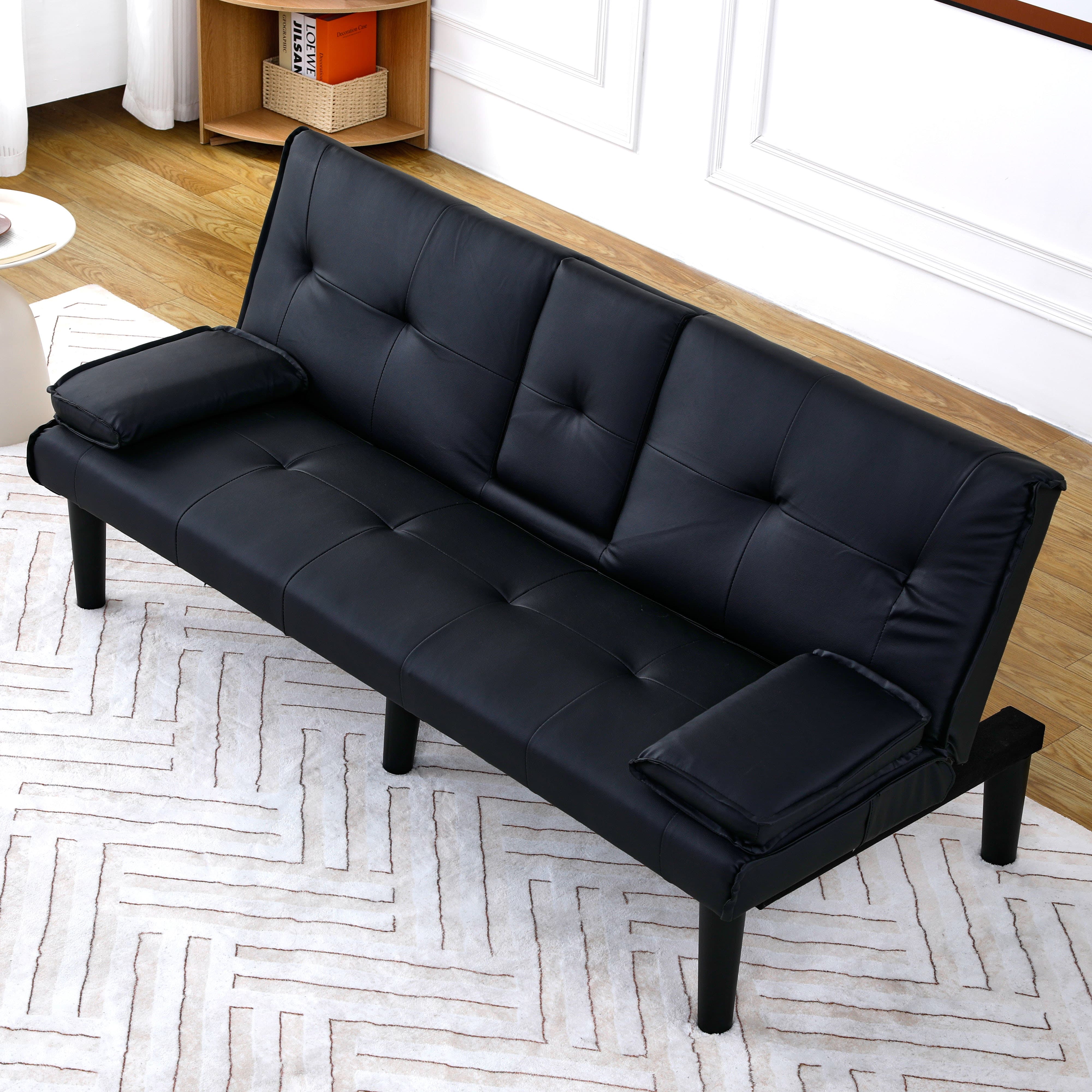 MAYEERTY 67" Convertible Sofa Bed PVC Loveseat Sofa with Cup Holder for Apartment, Living Room, Small Space, Black