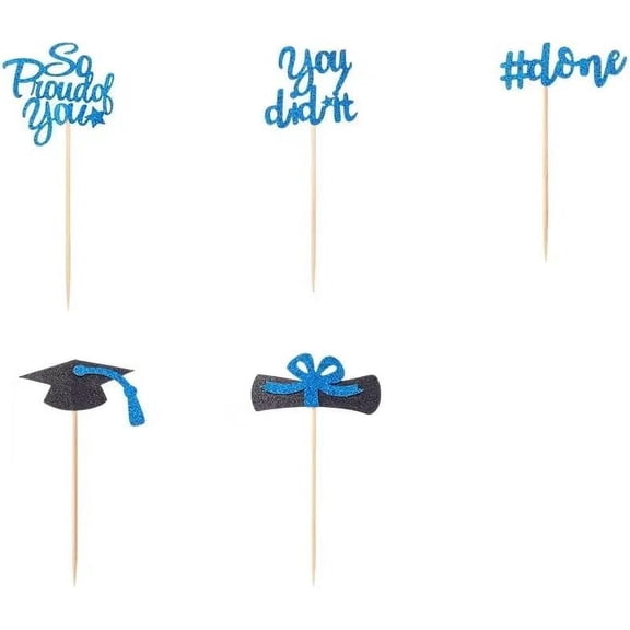 30Pcs Graduation Cupcake Toppers Glitter Congrats Grad Cupcake Picks Diploma Graduation Cap Cake Decorations for Graduation Theme Party Supplies Blue